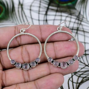 <b>Best</b> Quality Natural Solid 925 Sterling Silver Hoop Earrings Rose Quartz Gemstone Handmade Wedding Gift Jewelry for Women - Product Image 1