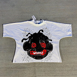 Camiseta Blanca Extra Grande con Estampado Gráfico de Cara de Dibujos Animados, Estilo Urbano, Manga Corta, Unisex, Informal, Tejido Resistente - Product Image 1