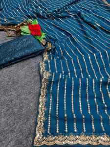 Dernier modèle de sari/sari/shari pour femmes en faux georgette de créateur, avec travail de séquence lourd sur toute la bordure, pour occasions spéciales - Product Image 4