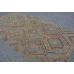 พรมถักสไตล์ตุรกีโบราณขนสัตว์สีเขียวน้ำตาล10.9ft 5.8ชิ้นทำด้วยมือมีลวดลายเย็บปะติดด้านหลังทำจากยาง - Product Image 4