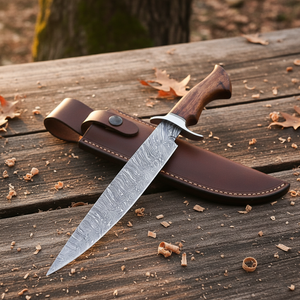 Cuchillo de caza de acero D2 hecho a mano personalizado con mango de madera, cuchillo Bowie de alto pulido con Funda de cuero. - Product Image 1
