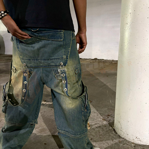 Pantalon en denim délavé vintage à bretelles personnalisées avec œillets anneaux en D pour hommes pantalon baggy à la mode délavé à l'acide - Product Image 6