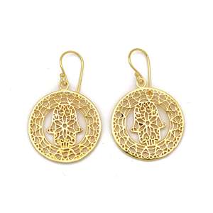 Vente en gros de boucles d'oreilles Hamsa plaquées or 18 carats bijoux de protection faits à la main design de fleur pendante vintage certifié tiers unisexe - Product Image 1