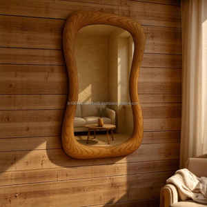 Miroir mural KALATRI de style antique, fait main, écologique, léger, design ondulé irrégulier, cadre en bois de noyer véritable, art - Product Image 3