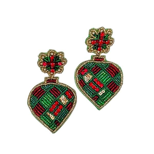 Premium fait à la main broderie vert et rouge boule boucle d'oreille de noël avec haute qualité perle de rocaille conception déclaration bijoux pour fille - Product Image 1