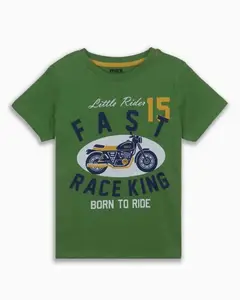 Export Surplus Boys T Shirts Wholesale BOYS PRINTED T SHIRT GREEN Short Sleeve with Print O-Neck Stocklot garments from India