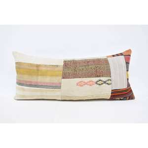 Multicolor Kilim Patchwork Wool <b>Pillow</b> 16x36 Inch Decorative Accent Cushion with Vintage Fluffy Leaves Pattern Woven Technique - Product Image 1