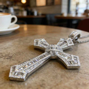 Pendentif Croix de Luxe en Moissanite Diamant, Pierre Blanche Taille Baguette, Bijou Religieux Spectaculaire - Product Image 4