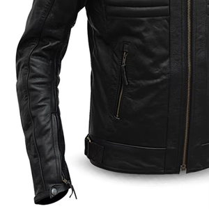 Chaqueta de cuero azul estilo motociclista con cuello levantado para hombre al por mayor, chaqueta ajustada con cremalleras de cuero auténtico con logotipo personalizado, holgada OEM - Product Image 4