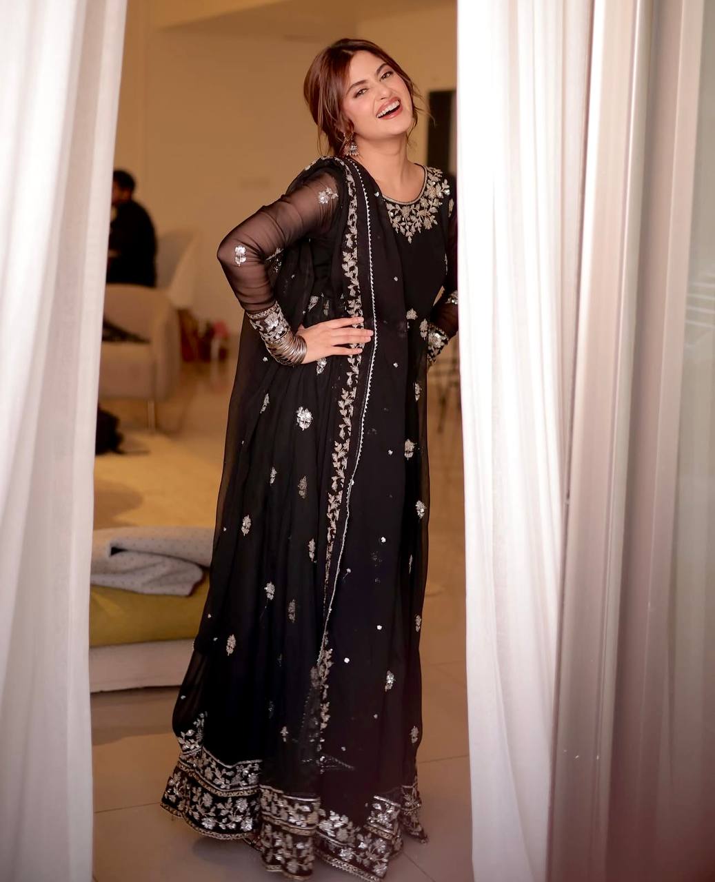 green emerald velvet dress Maria.B Pakistani Luxury Embroidered Chiffon Dress-db28542