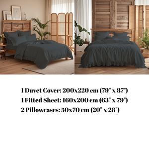 Parure de lit de luxe en satin noir respirant en polycoton, drap-housse à volants pour lit double, taies d'oreiller, technique de tissage unie - Product Image 4