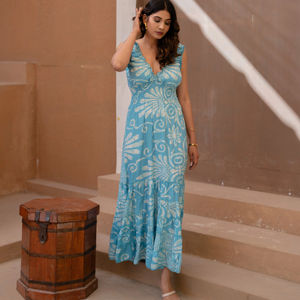 Vestido Midi Floral Turquesa con Estampado Batik, Cintura Natural, Estilo Bohemio, Ecológico, para Vacaciones, Falda Escalonada Azul Agua, Manga 3/4 - Product Image 1