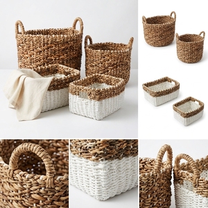 Natural Banana Bark Recycled Plastic Storage <b>Basket</b> Set White Bottom Dip <b>Rectangular</b> Shelf Box Setup Decor Pure Art Design - Product Image 2