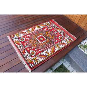 Turkish Vintage Small Rug 2.5x3.3 ft, <b>Red</b> <b>Wool</b> Rug - Product Image 2