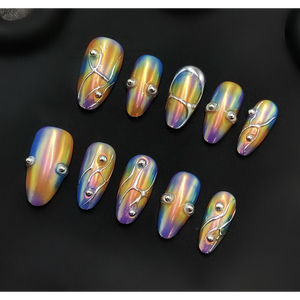 Uñas postizas de lujo, cortas, estilo ataúd, acrílicas con degradado, con pegamento para dedos, diseño artístico. - Product Image 3