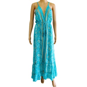Talla Única Y2K Estilo Boho Natural, Vestido Maxi de Seda Tejida India con Estampado Geométrico, Cuello en V, Sin Mangas, Casual, con Aberturas y Volantes, Estilo Coreano de Verano - Product Image 1
