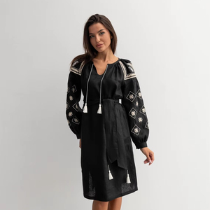 ชุดเดรสแม็กซี่สีดำลำลองปักลายดอกผ้าฝ้ายสีดำเซ็กซี่ชุดเดรสยาวคลุมเข่าสีดำสไตล์โบฮีเมียน - Product Image 1