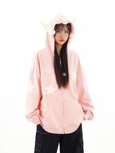 Japonés Kawaii ala con capucha sudadera suelta mujer otoño tejido manga larga cremallera estrella cárdigan abrigo de gran tamaño Y2K - Product Image 3