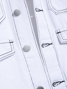 Veste en jean vintage pour homme, coupe ample, délavée à l'acide, en coton blanc, col montant, quatre grandes poches, manches longues, décontractée, printemps - Product Image 3