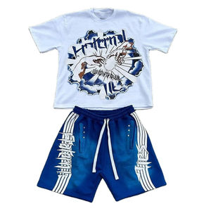 ชุดวอร์มสั้นผ้าฝ้ายทรงหลวมของผู้ชายชุดวอร์มสั้นพร้อมดีไซน์พลอยเทียมด้านหน้าและกางเกงขาสั้นแบบปรับแต่งได้ง่าย - Product Image 3