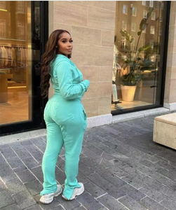 Embroidery Patch Cropped Boxy Fit <b>Hoodie</b> Cargo Winter 100% Cotton Plus Size Two Piece Sweatpants Set Womens Zipper Tracksuit - Product Image 2