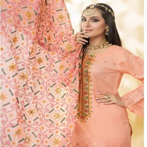 Moderne Modeontwerper Indian Pakistani Gazon Linnen Georgette 3-delige Pakken Beschikbaar Op Groothandelsprijs