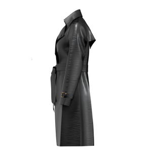 Manteau trench pour femme en similicuir noir, double boutonnage, ceinturé, mi-long, pour l'automne et l'hiver - Product Image 2