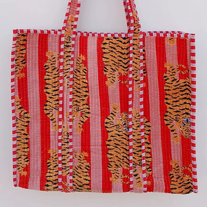 Sac fourre-tout en coton pur fait à la main en Inde, à chaînes ouvertes matelassées, magnifique sac de plage pour femmes, sac de fête, sac de voyage, tigre - Product Image 4