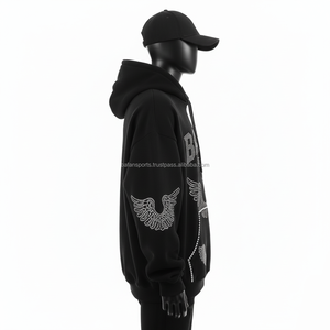 Premium 400 GSM Cotton <b>Fleece</b> <b>Men</b> Hoodie <b>Black</b> Rhinestone Logo Embellished Streetwear Custom Design basics Hoodie - Product Image 3