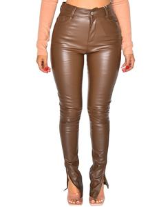 2024 nouveau Style dames pantalon en cuir respirant maigre longue PU cuir taille haute taille moyenne bouton décoration dames hiver - Product Image 4