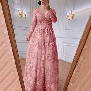 Elegant <b>Pink</b> Satin Silk Bridesmaid Dresses V-Neck Appliques Sequined <b>Lace</b> Mesh Sleeve Pleated Embroidery Formal Long Pearls - Product Image 2
