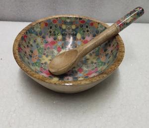 Intérieur en bois d'acacia naturel de meilleure qualité avec émail imprimé à l'intérieur du bol vente en gros bol de service alimentaire pour salade avec service s - Product Image 6