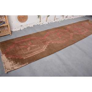 Turkish Rug, 3.37x15.3 ft Runner Rug, <b>Brown</b> Floral <b>Wool</b> Vintage Rug - Product Image 4