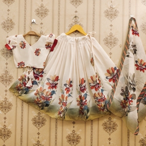 Shoryam Fashion - Lehenga Choli para Niños, Totalmente Cosido, al por Mayor |   Traje Étnico Floral Color Marfil para Niñas, Poliéster de Secado Rápido y Sin Arrugas - Product Image 1