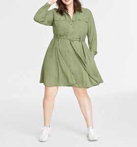 Women <b>Plus</b> <b>Size</b> Sexy V-Neck Knee-Length Chiffon Belted Shirt <b>Dress</b> <b>with</b> <b>Pockets</b> - Product Image 1
