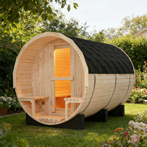 Sauna de barril de pino blanco para 6 personas con calentador de 6KW para exteriores, tejas impermeables y bancos de porche - Product Image 2