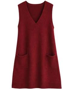 Customized Wine Red <b>Womens</b> Knitted Sleeveless Sweater Vest V Neck With Front Pockets Casual Winter Layering OEM Factory - Product Image 1