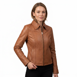 Women Tan Sheep Skin Breathable Genuine Jacket Solid Classic Collar Slim Fit Zip Front Waterproof Autumn Winter Premium Quality - Product Image 1