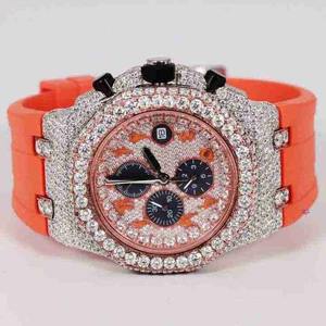 Montre-bracelet de luxe personnalisée pour homme en acier inoxydable avec bracelet en caoutchouc orange, verre serti de diamants de laboratoire de haute qualité, style Hip Hop - Product Image 1