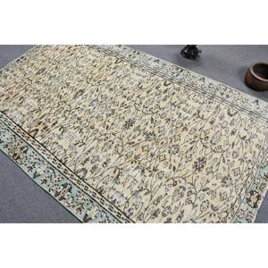Tapis turc vintage 4'9 "X 8 'beige bleu patchwork laine fait à la main style boho tapis de chevet Latex support couloir rectangulaire - Product Image 4