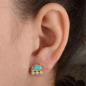 ต่างหูเพชรสีทองแบบมินิมอลที่ได้รับแรงบันดาลใจจากเมฆและเม็ดฝนเครื่องประดับสีเทอร์ควอยซ์ธรรมชาติมีให้เลือก10K/18K - Product Image 3