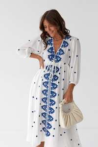 Robe longue blanche 100 % coton, coupe droite, ourlet évasé, broderie bleue, lavable, style décontracté ou habillé - Product Image 2