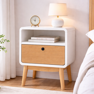 Table de chevet moderne en MDF éco-responsable et durable, placage frêne, accents blancs en bois d'hévéa, couleur naturelle, mobilier de chambre pour hôtel et appartement - Product Image 3