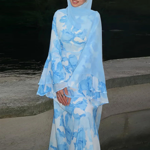 Abaya longue Loriya é<span class=keywords><strong>l</strong></span>égante en mousseline fluide à manches évasées et motif floral, collection été 2026, robe islamique modeste pour femme musulmane avec ceinture - Product Image 1