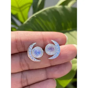 925 <b>Silver</b> Crescent Moonstone <b>Stud</b> Earrings Trendy 14K/18K Gold Bezel Setting Rose Gold 18K Gold Gold Zircon Animal Pattern - Product Image 1