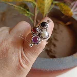 Women's Handmade <b>Statement</b> <b>Ring</b> in Sterling Silver with Garnet Amethyst Pearl Black Onyx Multi-Gemstones for Party - Product Image 2