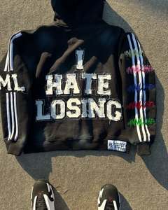 Custom Heavyweight Applique Patch Vintage Stone <b>Washed</b> Distressed <b>Tech</b> Fleece Rhinestone Hoodies for Men - Product Image 2