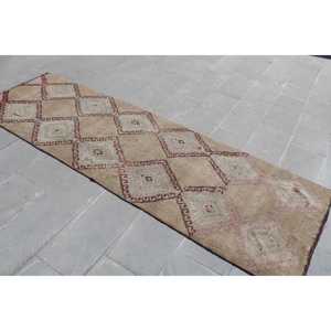 Vintage Rug, 3x9.7 ft Turkish Rug, <b>Brown</b> Floral <b>Wool</b> Rug - Product Image 2