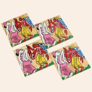 Dessous de verre en bois peints à la main pour danseuses Pattachitra Bengal Art Square 3.5 pouces réutilisables - Product Image 2