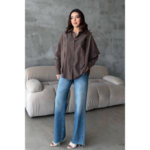 Chemise ample marron en tissu tissé avec détail de châle simple - 100 % coton respirant - Product Image 4